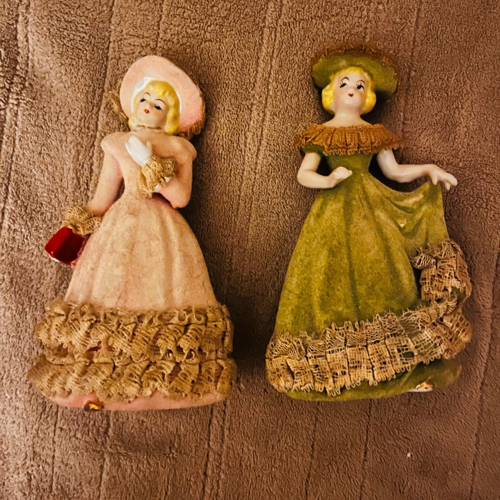 Vintage Ceramic Figurines - Pink and Green Dresses